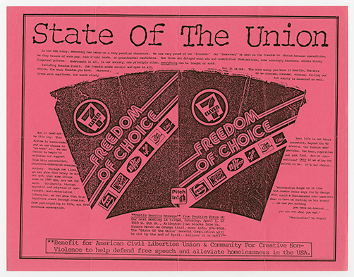 Positive Force DC/State of the Union compilation flyer on pink paper with images of 7-11 paper cups labeled, 'Freedom of Choice'.