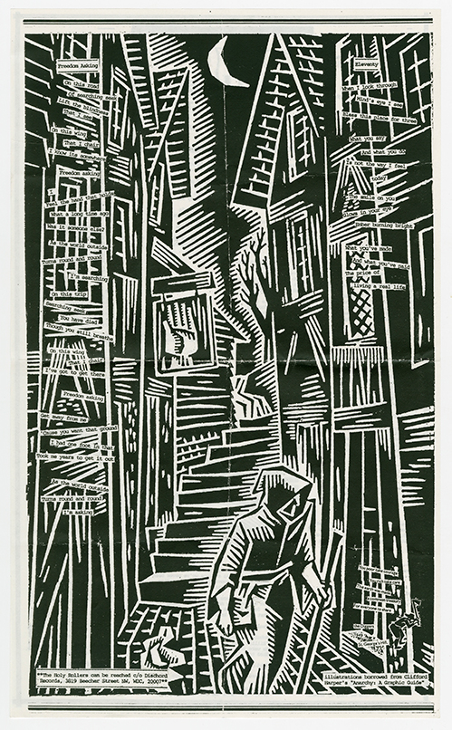 Holy Rollers lyric sheet with a dark woodcut print-style illustration of a hooded figure walking through a set of narrow stairs between cramped houses.