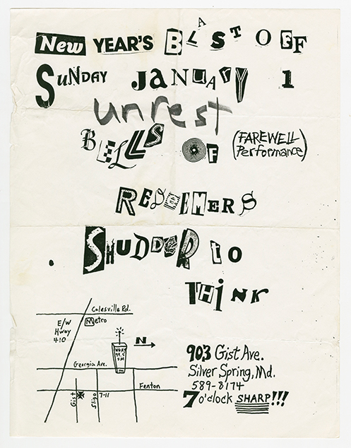 Unrest flyer with text cutout and pasted in ransom note-style with a map drawing of the location.