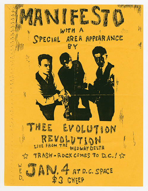 Manifesto flyer printed on yellow paper with hand drawn title and event details and a photo of three band members.