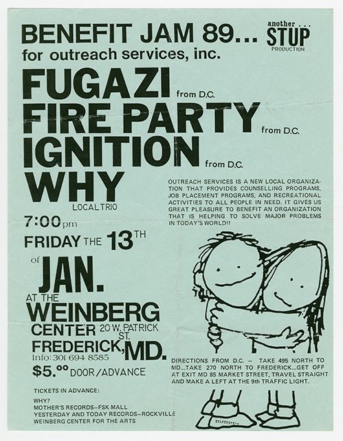 Fugazi flyer on green paper with a drawing of two people embracing, titled 'Benefit Jam 89...for outreach services, inc.'