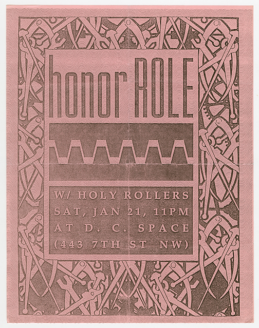 Honor Role flyer on pink paper, with the printed title and details surrounded by a background of gears, nails, and wrenches.