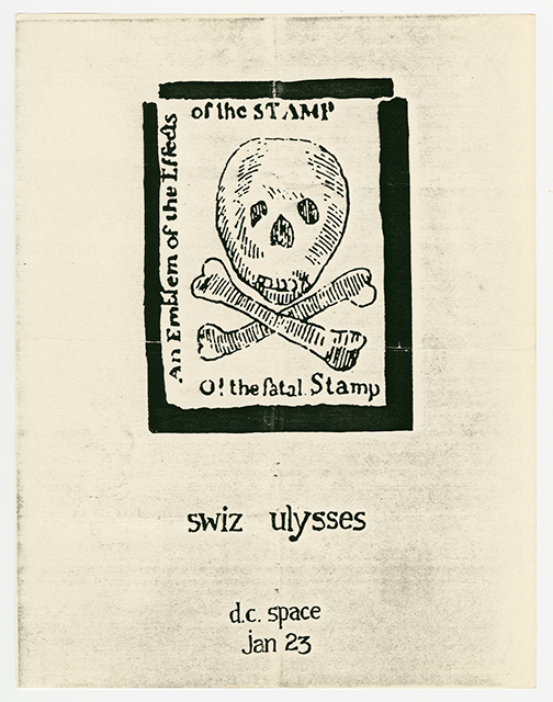 Swiz flyer with a drawing of a skull bordered in black and the caption 'O! the fatal Stamp'.