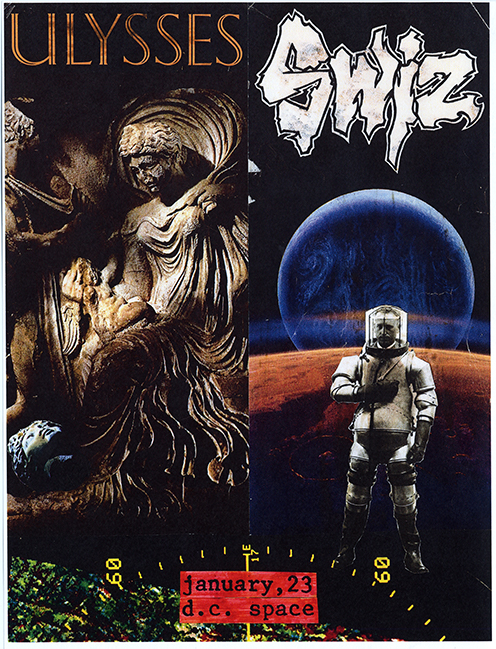 Swiz flyer with color photos of a stone statue and an astronaut on a red planet.