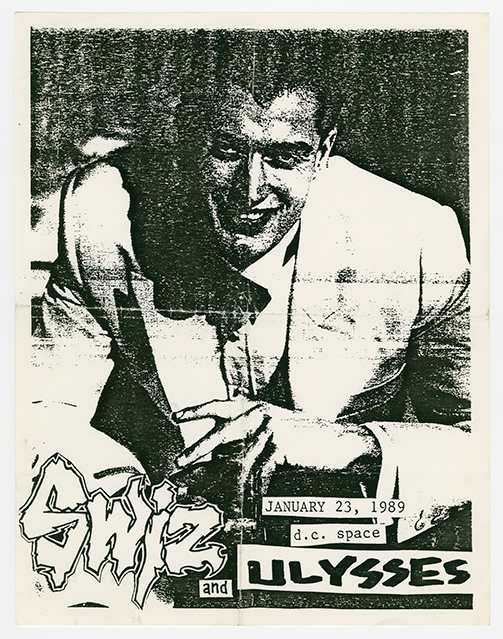 Swiz flyer with a photo of a smiling man in a suit, and titles and details in paper cutouts.