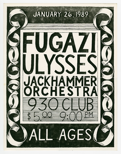 Fugazi flyer in bold bubble letters, surrounded by illustrated curling ribbons on the borders.