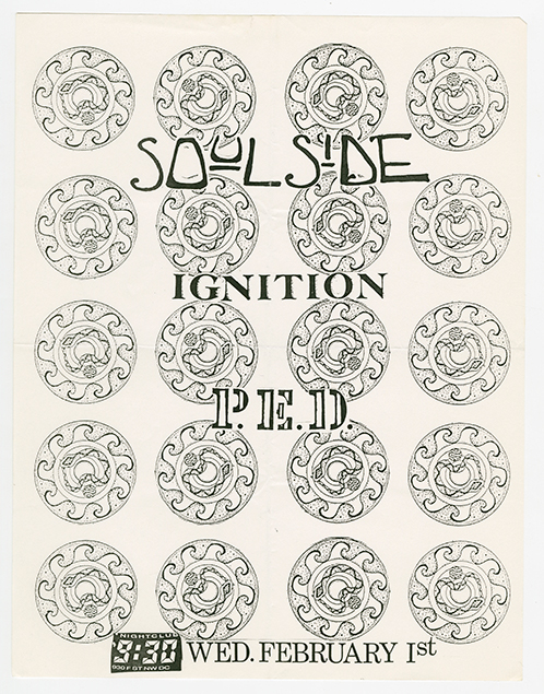 Soulside flier with a patterned background of a sun with curling rays.