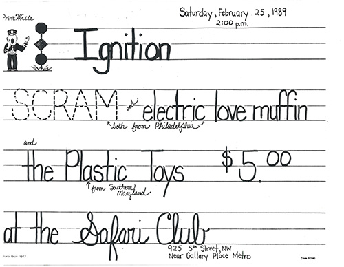 Ignition flyer written in print and cursive on wide lined paper in the style of a children's workbook.