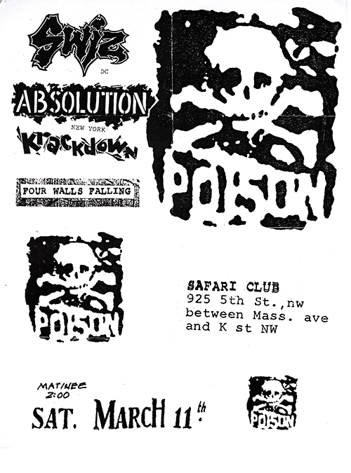 Swiz flyer with blurred images of a skull labeled as poison next to logos of bands and event details.