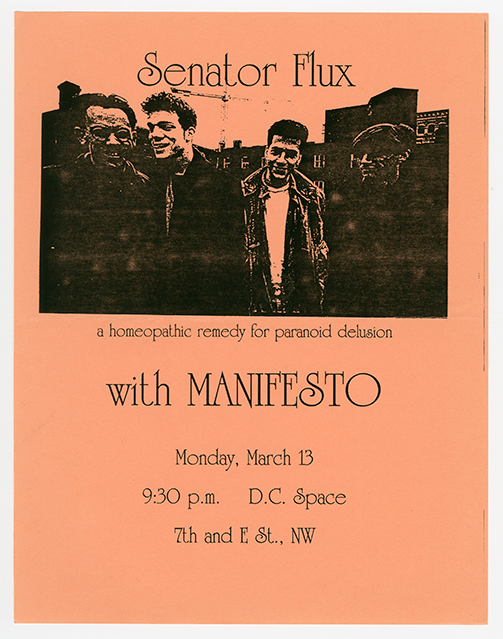 Senator Flux flyer on orange paper with a photo of the bandmembers, captioned 'a homeopathic remedy for paraoid delusion'.