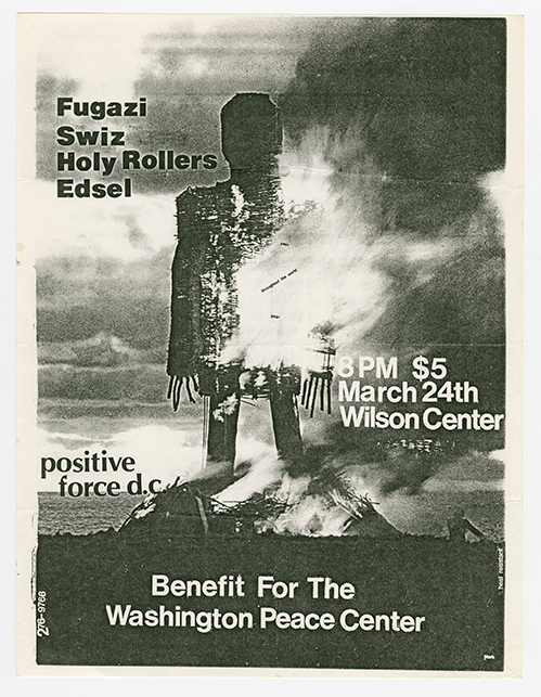 Fugazi flyer with a photo of a burning structure shaped like a man, titled 'Benefit for the Washington Peace Center'.