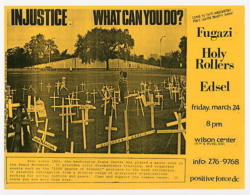 Fugazi flyer on yellow paper with a photo of white crosses on a field, titled 'Injustice. What Can You Do?'