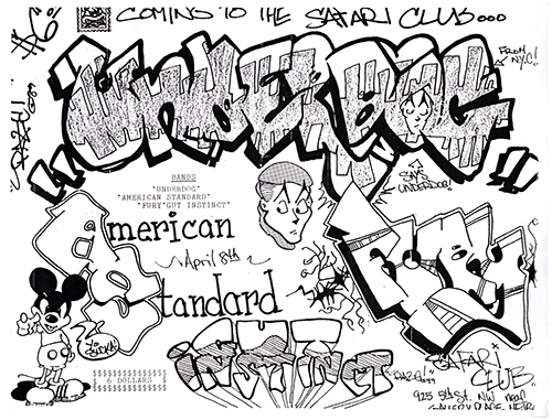 Underdog flyer with graffiti-styled titles and event details and a drawing of Mickey Mouse saying, 'Yo Sucka!'