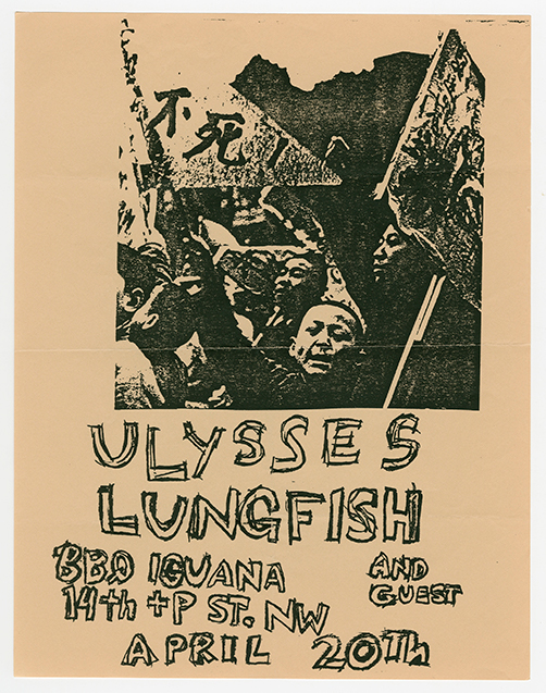 Ulysses flier with a photo of Chinese protesters and hand-drawn titles in scratchy bubble letters.