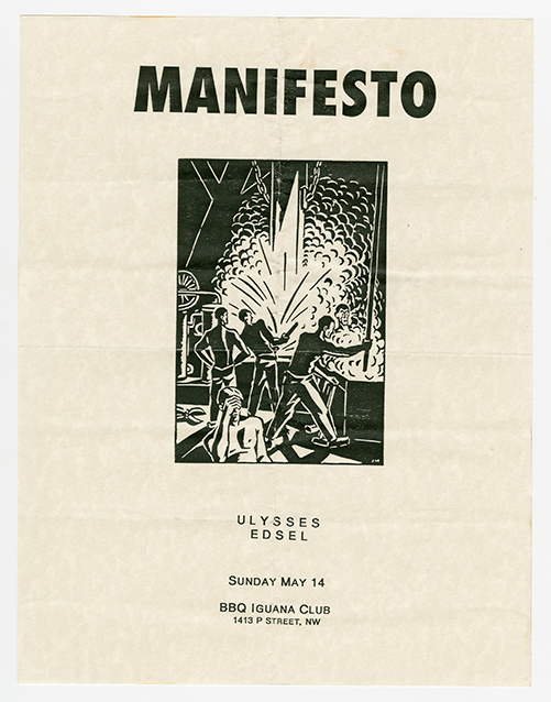 Manifesto flier with a drawing of men working amidst exploding machinery.