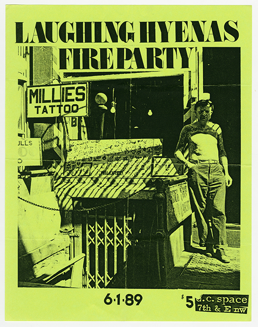 Laughing Hyenas flyer on lime green paper with a photo of a man standing outside a storefront with a sign, 'Millies Tattoo'.