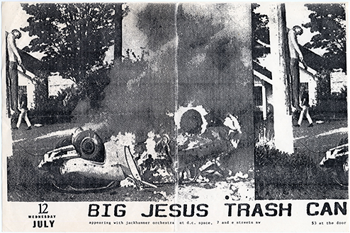 Big Jesus Trash Can flyer with a photo of a burning car on its back in front of a house.