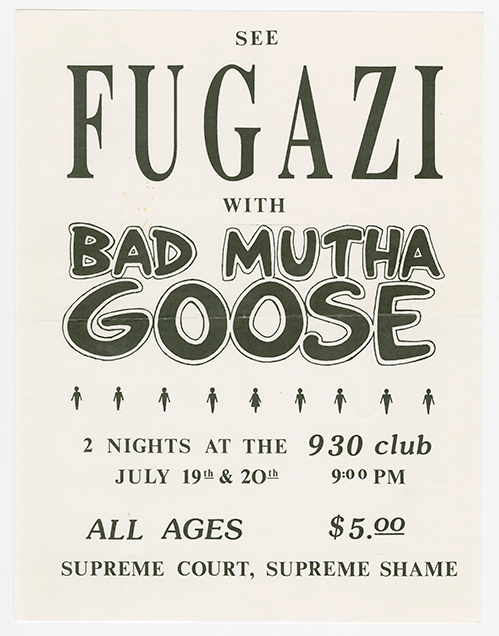 Fugazi flyer with text in large print on a pale background.