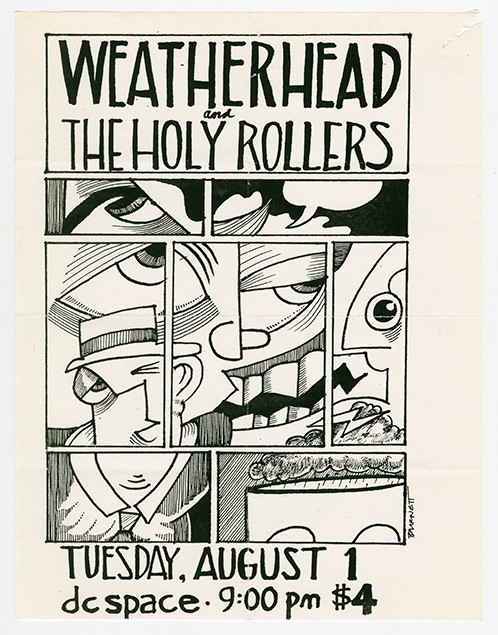 Weatherhead flyer with panels of an abstract illustration of facial features, a hat, and rain.