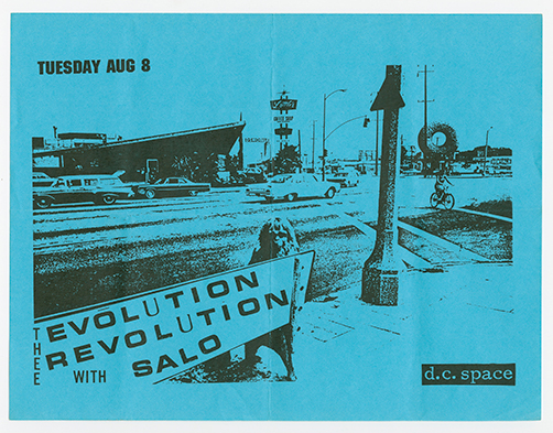 Thee Evolution Revolution flyer on blue paper with a photo of a person sitting on a bench at an intersection.