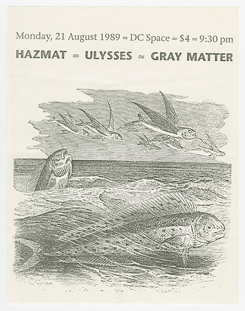 Hazmat flier with a charcoal drawing of fish swimming in the ocean, jumping out of the water, and flying with wings in the air.