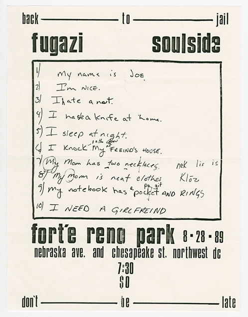 Fugazi flier with a handwritten list of 10 items, the final item being 'I NEED A GIRLFREIND'.