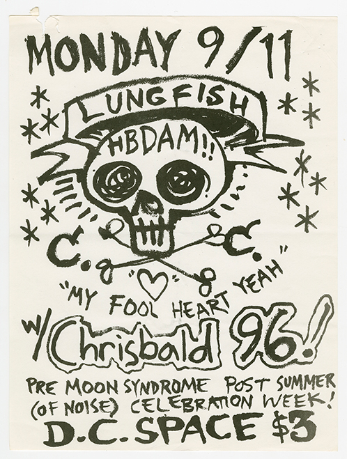 Lungfish flyer with a roughly drawn titles and details, and an image of a skull with 'HBDM!!' written on it on top of a headline reading 'My fool heart yeah'.