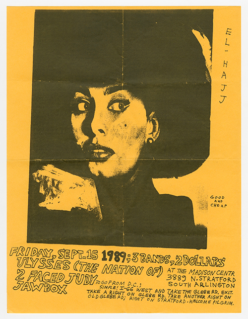 Nation of Ulysses flyer on yellow paper with a photo of a woman in heavy makeup and a large black hat, and event details in handdrawn letters beneath it.