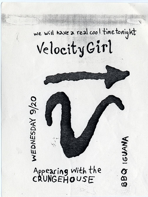 Velocity Girl flyer with handwritten titles and details and a drawing of a thick black arrow and a curved line.