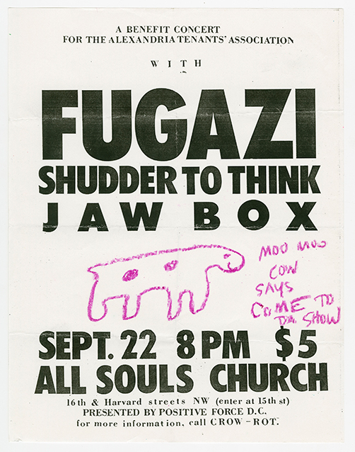 Fugazi flyer with the title in large, bold type and a purple crayon drawing of a cow with two spots and the words, 'Moo moo cow says come to da show' next to it.