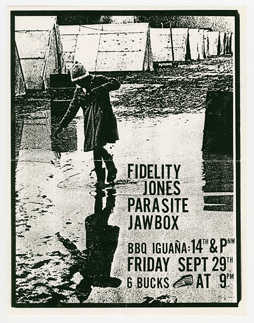 Fidelity Jones flyer with a photo of a girl standing in a large puddle and staring at her reflection.