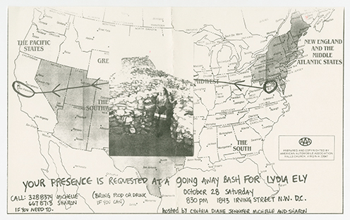 Going away party for Lydia Ely flyer with a map of the US with arrows drawn between DC and LA, and event details handwritten at the bottom.