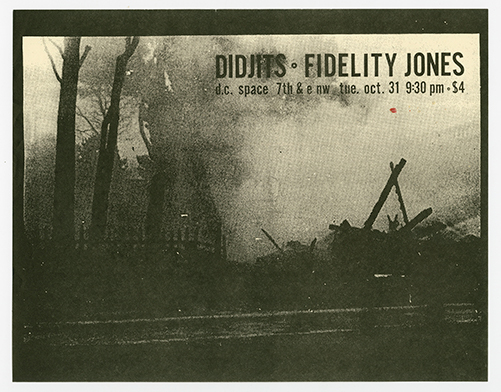 Didjits flyer with a dark photo of the rubble of a house and smoke rising from it.