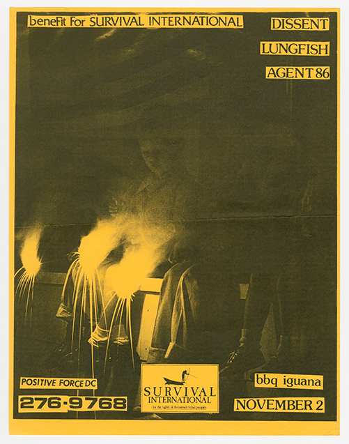 Dissent flyer on yellow paper with a photo of a young boy lighting flares in a dark space.