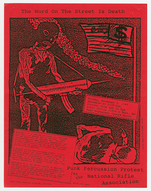 Punk Percussion Protest flyer on red paper with an illustration of a man in a mask holding a giant needle over a wounded man, while the American flag with a dollar sign on it flies behind them.