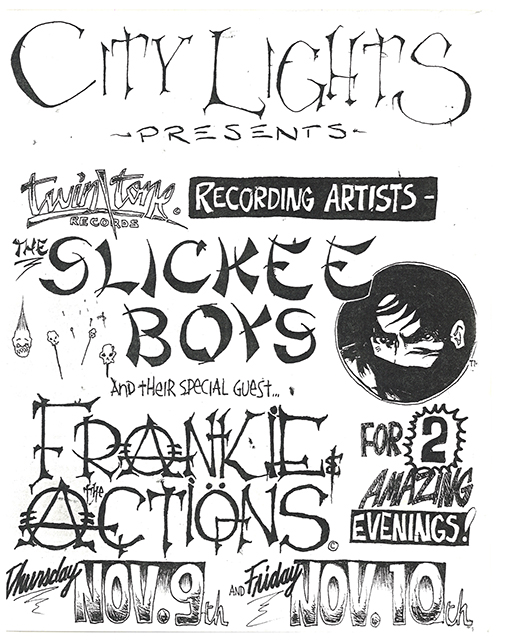 Slickee Boys flyer with handdrawn titles and band logos and a drawing of a cartoon character with a mask over his mouth.