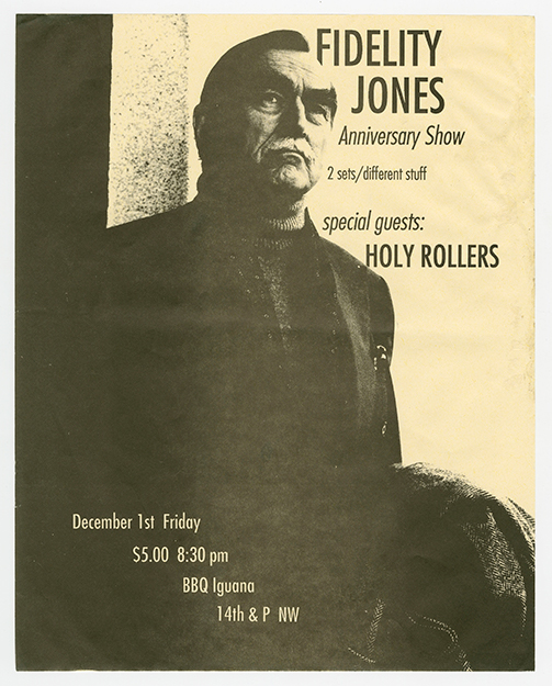 Fidelity Jones flyer with a photo of a man with thick dark eyebrows staring in the distance.