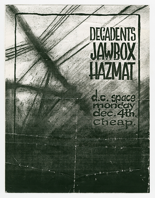 Decadents flyer with a sketchy charcoal lines in the background and the title and details overlaid.