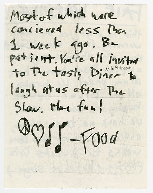 Food flyer (Reverse) signed off with a peace sign, hearts, and music notes.