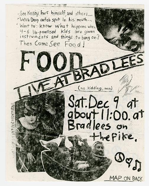 Food flyer (Front) with surreal photos of a person in a boat with animals, a woman's face, etc., and handwritten event details around them.