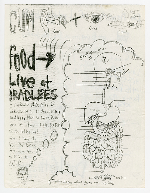 Food flyer (Front) with a pencil drawing of an anatomical drawing of a human's insides next to rough handwritten titles and details.