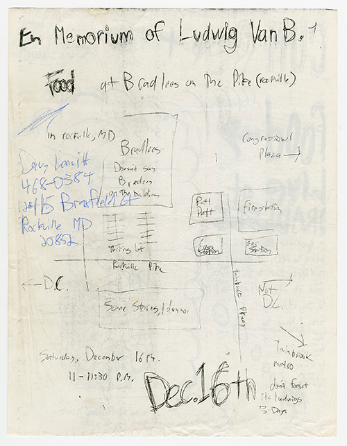 Food flyer (Reverse) with rough handwritten notes and map of the venue.