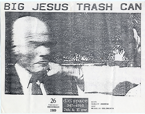 Big Jesus Trash Can flyer with a blurry photo of a man placing his hand on the shoulder of another man.