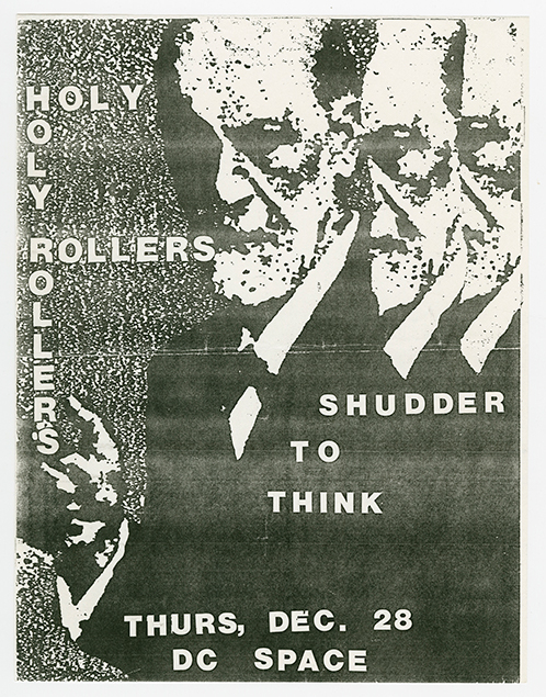 Holy Rollers flyer with a repeated pixellated photo of a man in the background.