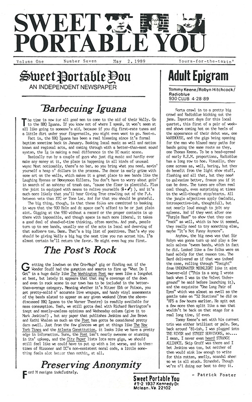 Sweet Portable You front page with the headlines 'Barbecuing Iguana', 'The Post's Rock', 'Preserving Anonymity', and 'Adult Epigram'.