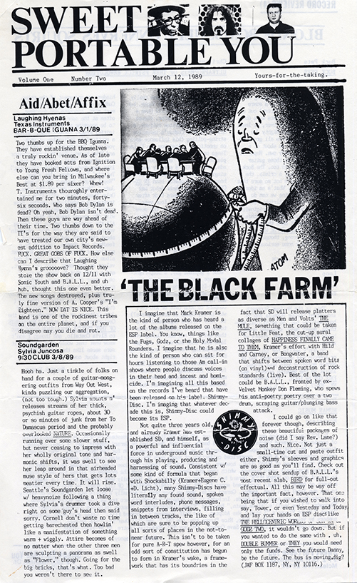 Sweet Portable You  front page with a cartoon of an atom measuring the girth of a globe with a table of men sitting on it and the title, 'The Black Farm'.