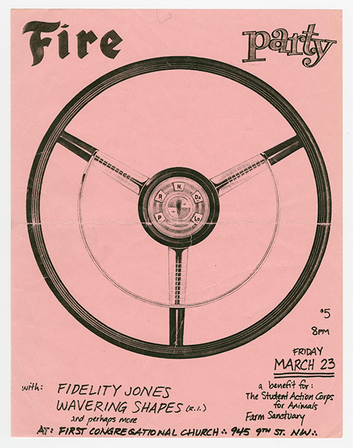 Fire Party Flier. Red tinted background. At the center is a large photo of a car steering wheel.