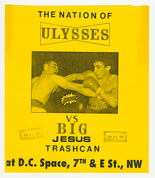 Yellow flier with black text and a centered photo of two boxers in the ring.