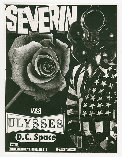 Black and white collage-styled flier with cut-out text and images (such as a flower and a person wearing an american patterend shirt).