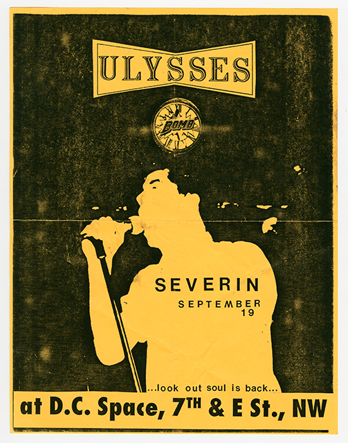 Black and yellow flier with a yellow sillouhette of a person singing into a microphone at the center.